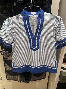 Blue & White Striped V-Neck Blouse